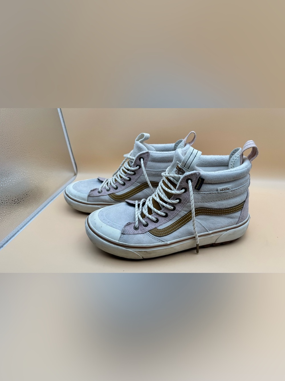 Vans High Top Suede Sneakers in Light Gray & Tan Stripe